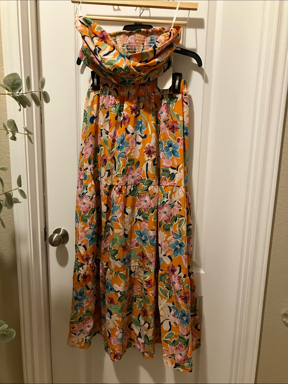 Yellow Floral Tiered Skirt Set with Strapless Top — Vibrant Yellow Floral Print